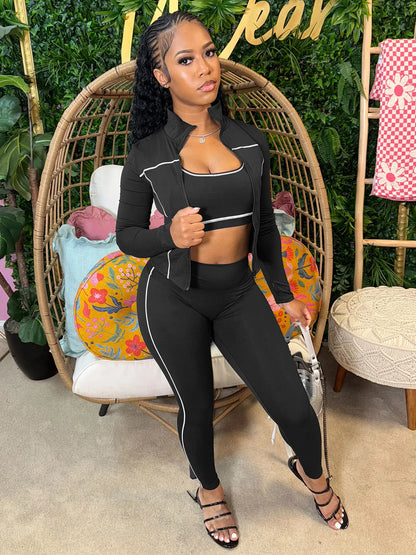 Weird Puss Casual 3 Piece Set Women Tracksuit Elastic Vest+Zip Jacket+Leggings Matching Street Sporty Fitness Street Shapewear