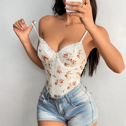 Printed Camisole Bodysuits Women Adjustable Straps Slim Fit Halter Rompers Sleeveless Backless Jumpsuits Summer Shapewear Outfit