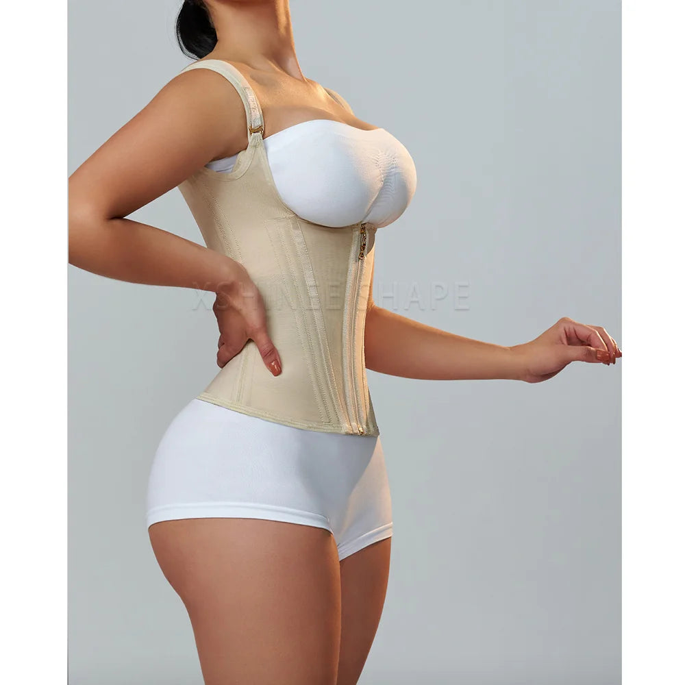 Fajas Colombianas High Compression Waist Trainer Corset with Bone Adjustable Hook-eyes and Zipper Flat Belly Shapewear