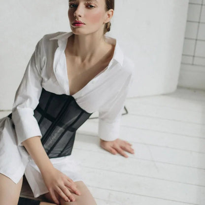 Boned Waist Cincher Shapewear for Weddings Going Out Sexy Strapless Underbust Corset Sheer Mesh Overbust Top Belt for Women