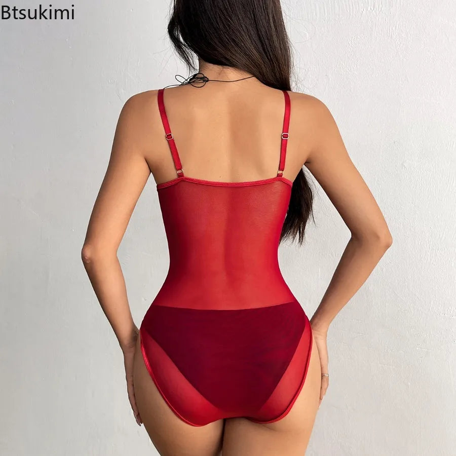 New 2025 Solid Color See-through Design Hottie Style Sexy Net Bodysuit Halter Shapewear Top Bodyshaper Jumpsuit Thongs Corset